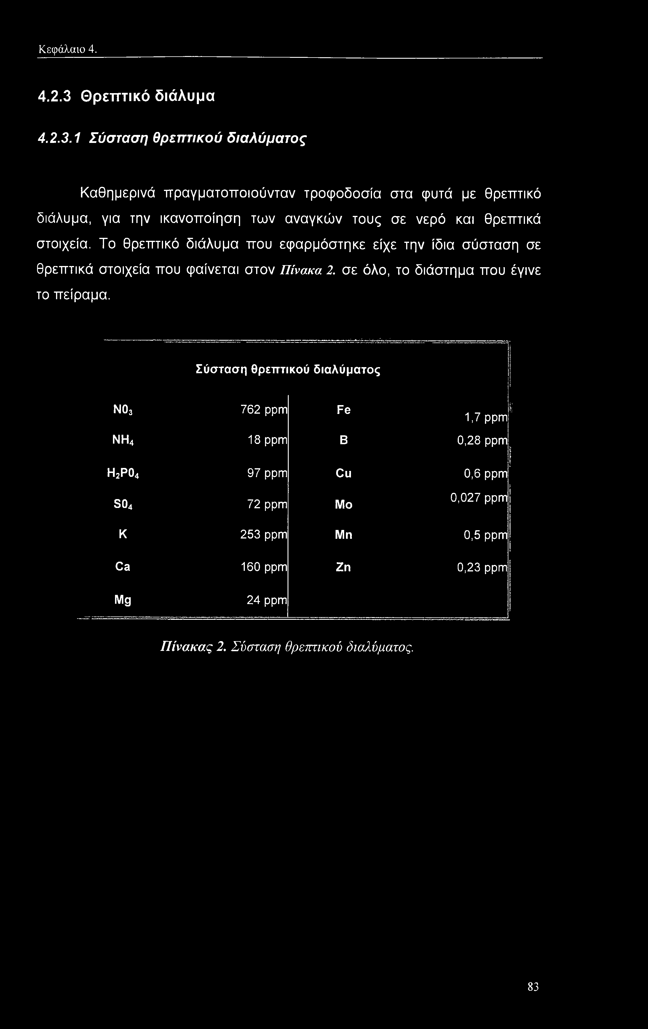 1 Σύσταση θρεπτικού διαλύματος Καθημερινά πραγματοποιούνταν τροφοδοσία στα φυτά με θρεπτικό διάλυμα, για την ικανοποίηση των αναγκών τους σε νερό και