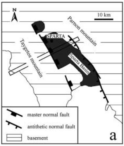 3.1. Το παράθυρο του Ταΰγετου Το Όρος Ταΰγετος, βρίσκεται στη βάση του δυτικό περιθωριακού κανονικού ρήγματος της τάφρου της Σπάρτης (Εικ. 5a) (Xypolias et al. 2000).