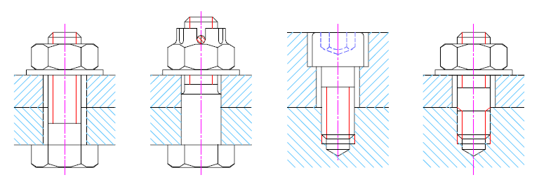 Príklady kreslenia skrutiek na spojovanie súčiastok Skrutky s valcovou, polguľovou alebo so zapustenou hlavou s drážkou pre skrutkovák sa kreslia vo