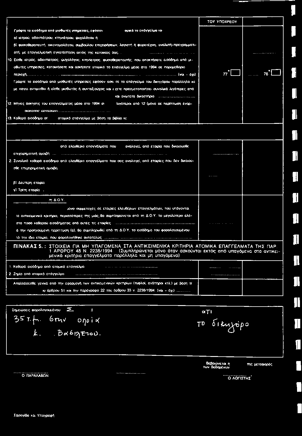 Μήνες άσκησης του επαγγέλματος μέσο στο 1994 ο> επιχειρημοτυ<ή αμοιβή... 2.