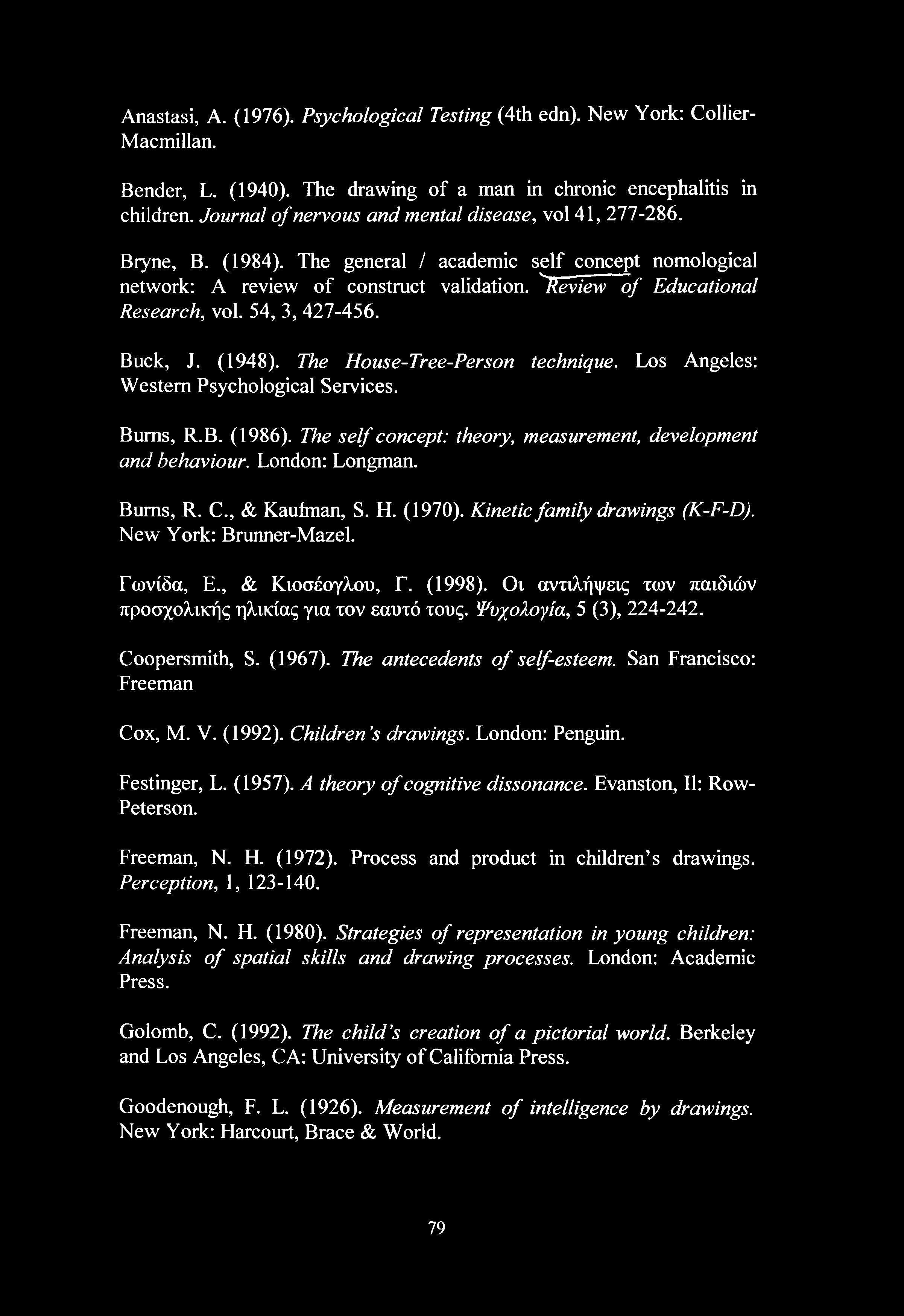 ''Review of Educational Research, vol. 54, 3, 427-456. Buck, J. (1948). The House-Tree-Person technique. Los Angeles: Western Psychological Services. Bums, R.B. (1986).