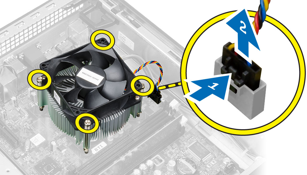 Σφίξτε τις μη αποσπώμενες βίδες για να στερεώσετε τη διάταξη της ψύκτρας πάνω στην πλακέτα συστήματος. 3. Συνδέστε το καλώδιο του ανεμιστήρα στην πλακέτα συστήματος. 4.