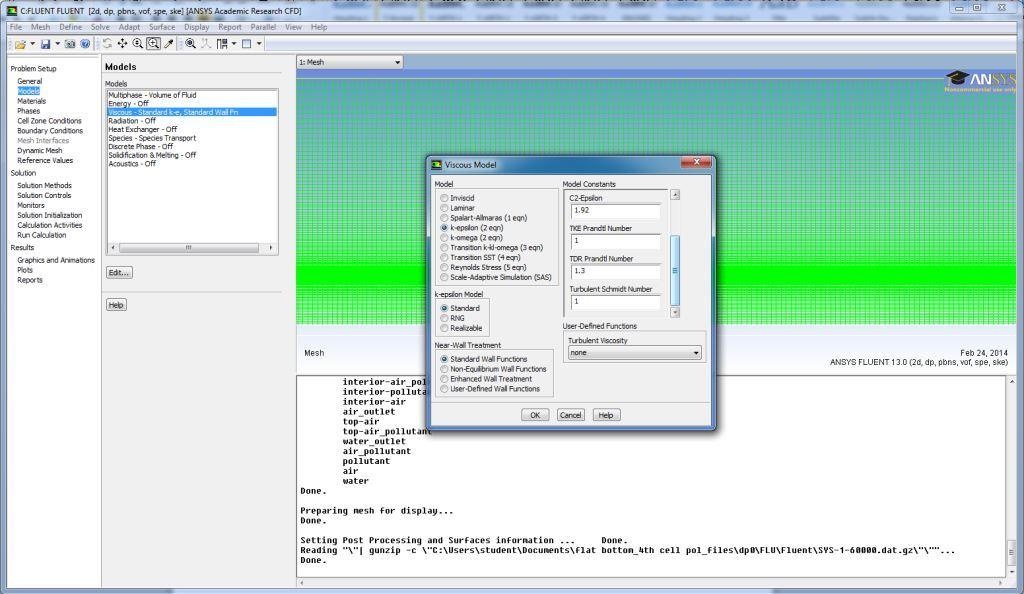 81 Έπειτα επιλέγουμε το μοντέλο της τύρβης που θα χρησιμοποιήσουμε. Για την επίλυση της ροής χρησιμοποιούμε το Standard k-ε model με Standard Wall Functions.
