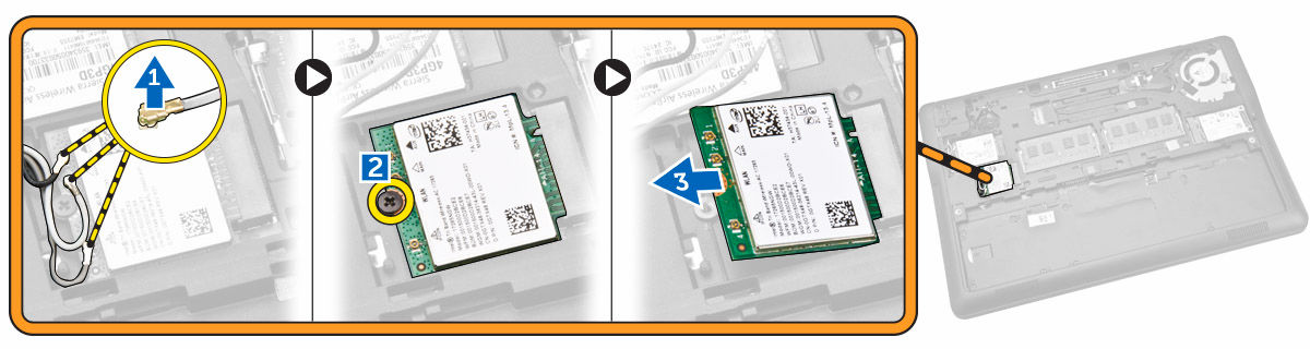 Αφαίρεση της κάρτας WLAN 1. Ακολουθήστε τις διαδικασίες που περιγράφει η ενότητα Πριν από την εκτέλεση εργασιών στο εσωτερικό του 2. Αφαιρέστε: a. την μπαταρία b. το κάλυμμα της βάσης 3.