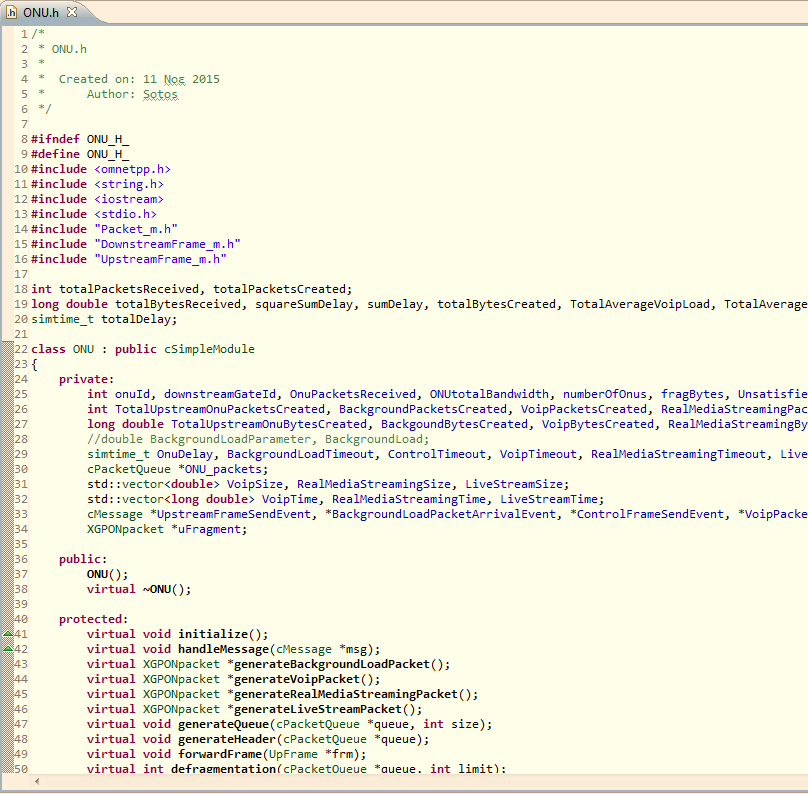 Εικόνα 36: Το αρχείο ONU.h Packet.msg Περιλαμβάνει την κλάση των πακέτων που χρησιμοποιούνται στο δίκτυο.