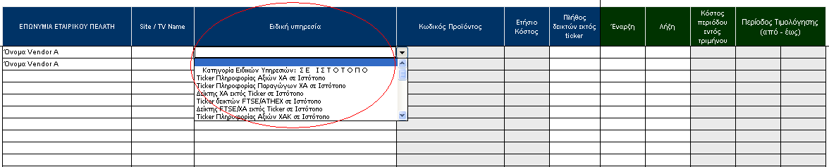 Vendor/Subvendors/Μέλος ΧΑ (π.χ. Όνομα Vendor A).