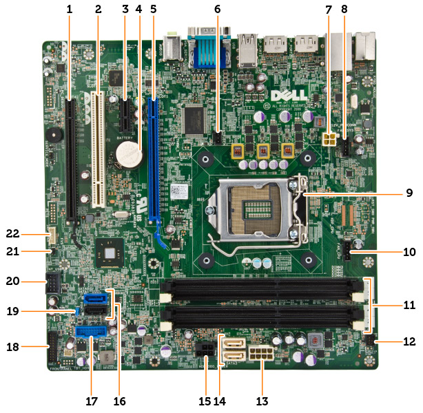 1. υποδοχή PCI Express x16 (συρματωμένη ως x4) 2. υποδοχή PCI 3. υποδοχή κάρτας PCIe x1 4. μπαταρία σε σχήμα νομίσματος 5. υποδοχή κάρτας PCI Express x16 6. σύνδεσμος διακόπτη επισύνδεσης 7.