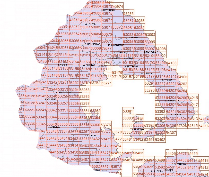 ΚΕΦΑΛΑΙΟ 1 Χωρικό Υπόβαθρο Εικόνα 5: Ευρετήριο ΚΦΧ και τοπογραφικών χαρτών ΓΥΣ 1:5000 Μετά τον μετασχηματισμό των συντεταγμένων κάθε χάρτη από Hatt σε ΕΓΣΑ 87, ακολούθησε η διαδικασία γεωαναφοράς