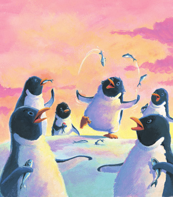 Όλοι οι πιγκουίνοι έτρωγαν το φαγητό τους ήσυχα, με τάξη.