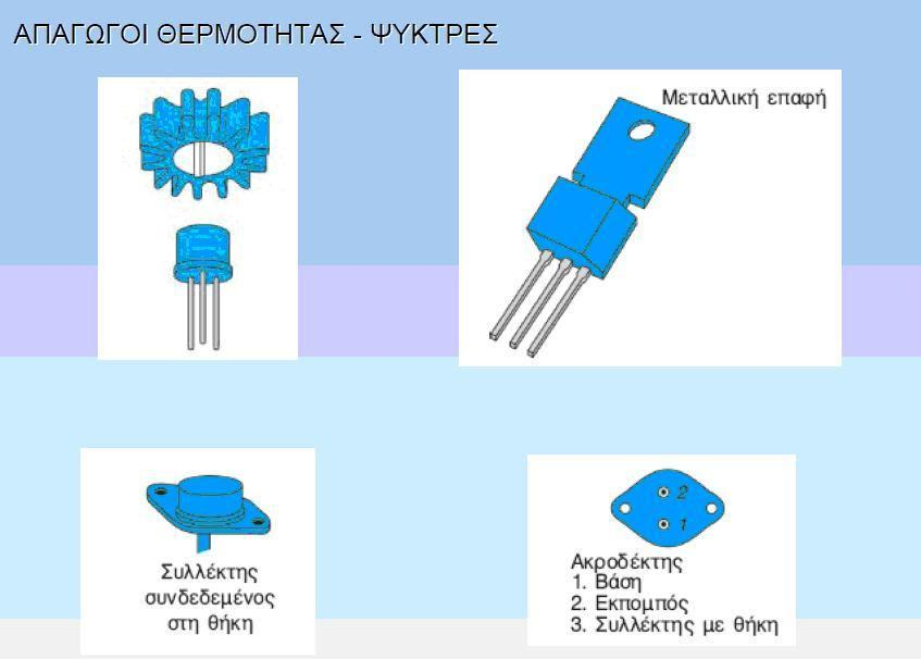 3.Απαγωγοί θερµότητας Ένας τρόπος αύξησης του περιορισµού ισχύος ενός transistor είναι η ταχύτερη απαλλαγή της θερµότητας. Γι αυτό το λόγο χρησιµοποιούνται απαγωγοί θερµότητας.