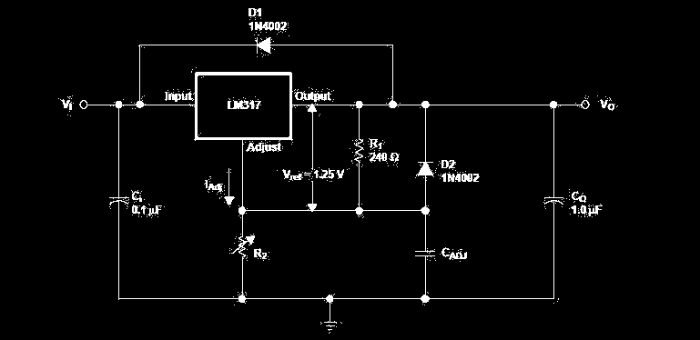 Συνήθης Τοπολογία Ρυθµιστή Τάσης µε το LM317 Κατά την λειτουργία το LM317 αναπτύσσει µια τυπική τάση Vref=1.25V, µεταξύ του ακροδέκτη εξόδου και του ακροδέκτη ρύθµισης.