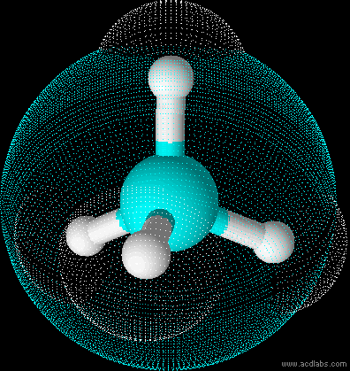 Ruumiliselt võib metaani molekuli kujutada selliselt nagu all vasakpoolsel joonisel näha on. Metaani molekulmudelit koos teda ümbritseva elektronkattega on kujutatud parempoolsel joonisel.