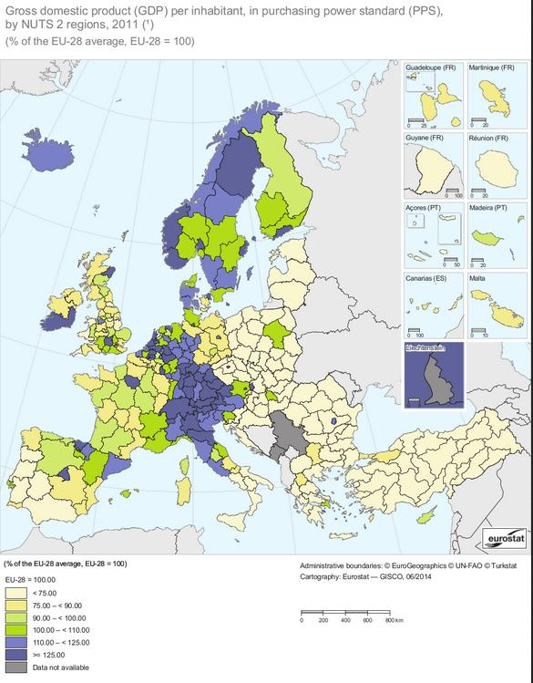 ΠΕΡΙΟΧΗ ΜΕΛΕΤΗΣ Εικόνα 5: Κατά κεφαλήν ΑΕΠ σε ΜΑΔ, κατά περιφέρειες NUTS 2, ως ποσοστό του μέσου όρου της ΕΕ-28, για το έτος 2011 (Πηγή: Eurostat) Ένα κύριο χαρακτηριστικό του Ευρωπαϊκού τοπίου είναι