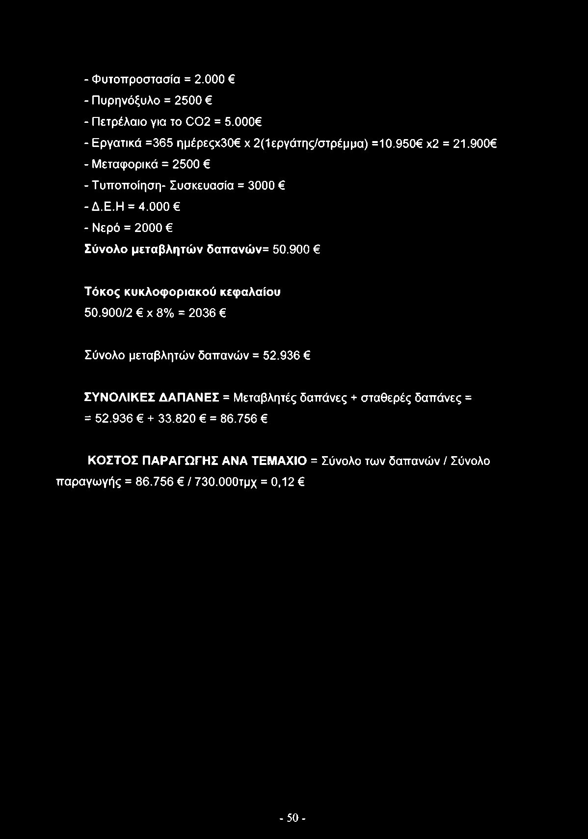 900 Τόκος κυκλοφοριακού κεφαλαίου 50.900/2 χ 8% = 2036 Σύνολο μεταβλητών δαπανών = 52.
