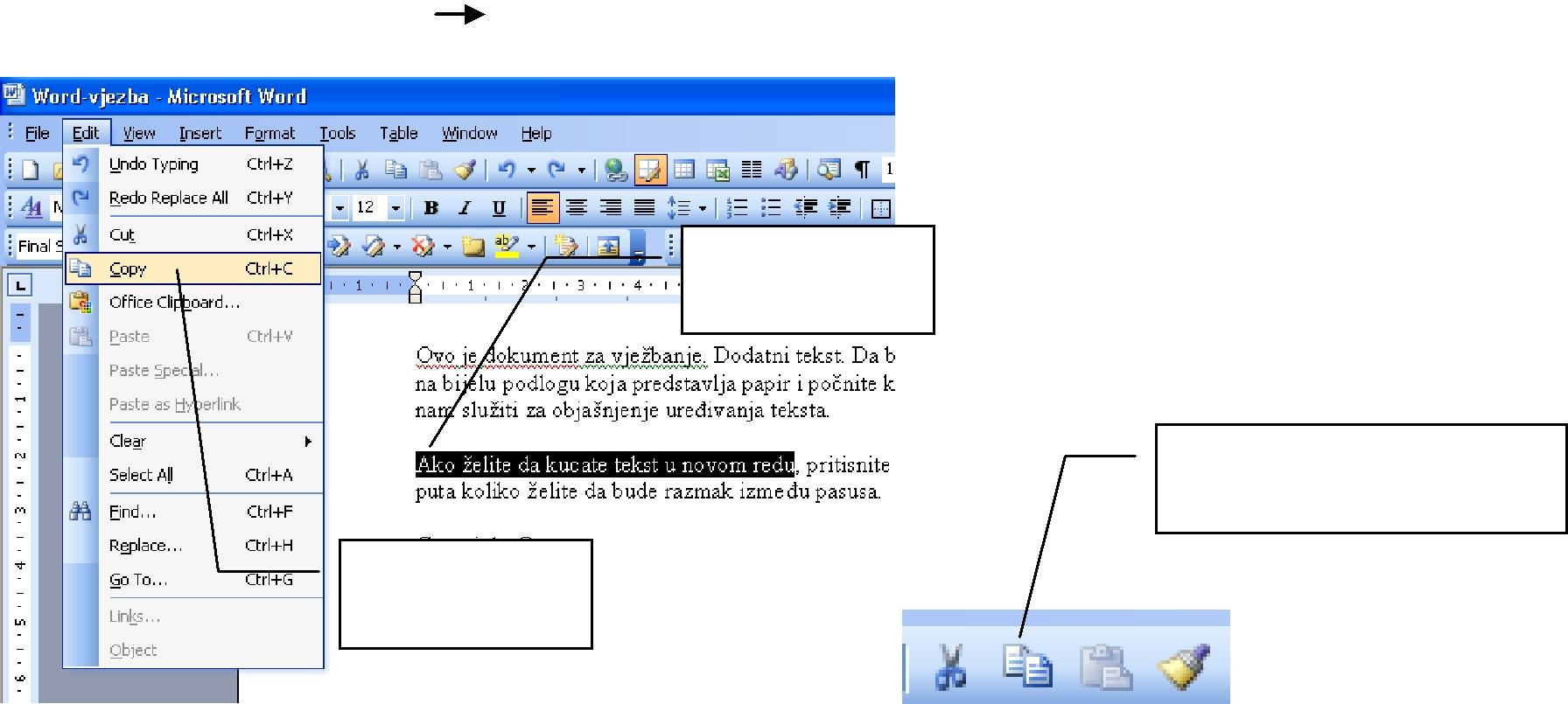 Pritiskom na tipke DEL i BACKSPACE brišete slovo po slovo. U MS Word-u 2003 postoji opcija koja se zove Overtype (prekucavanje).