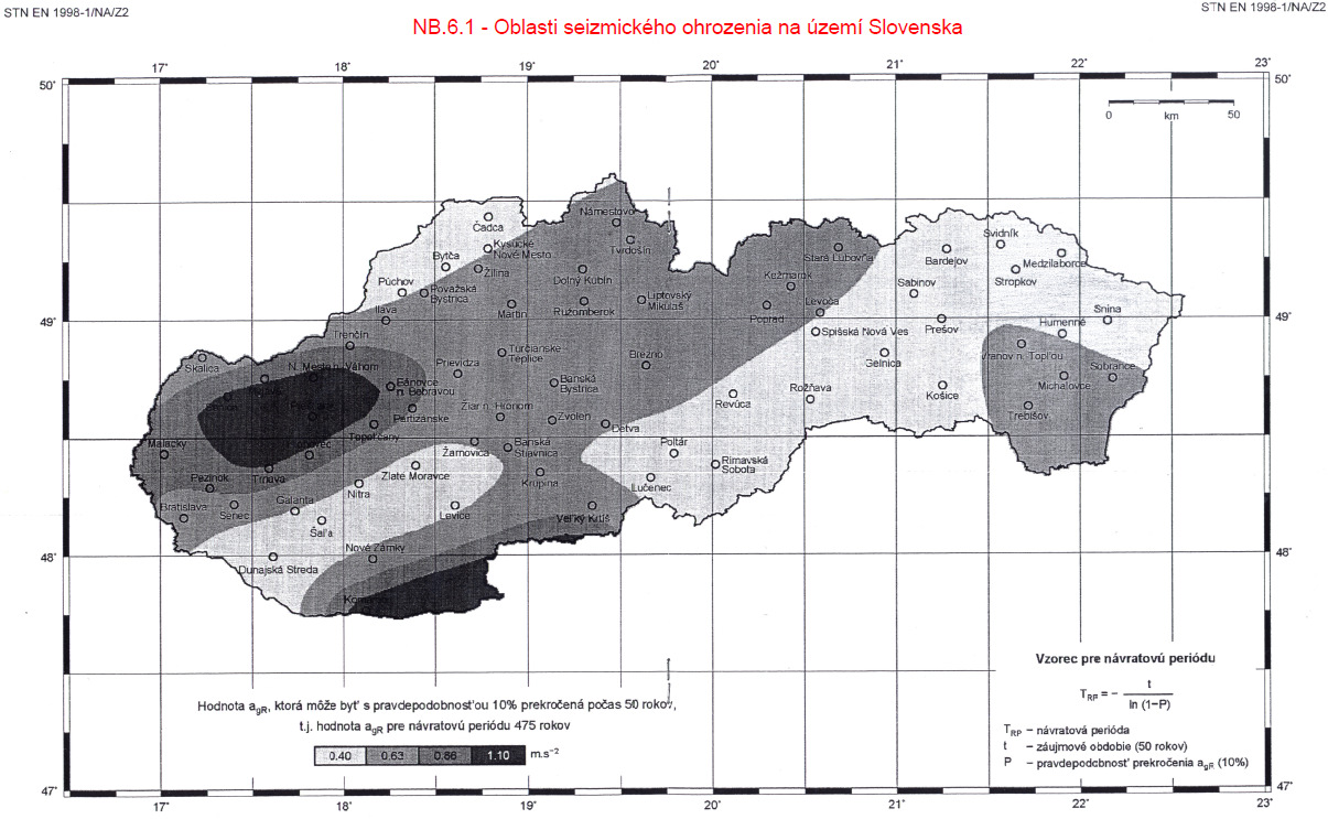 Obr.7.1 STN EN 1998-1/NA/Z2, NB.6.1-Oblasť seizmického ohrozenia na území SR 7.