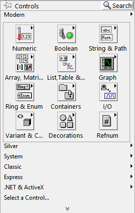Π.3. Παλέτες του Labview Το Labview διαθέτει τρεις γραφικές παλέτες: Tools Palette, Controls Palette, Functions Palette. Π.3.1.