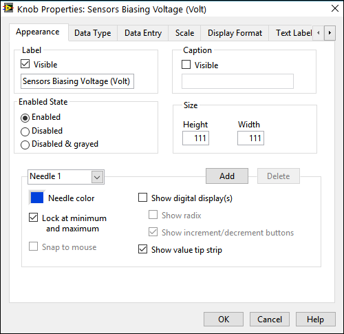 Π.6. Property dialog boxes Τα αντικείμενα στο front panel διαθέτουν παράθυρα ιδιοτήτων, τα Property dialog boxes τα οποία εμφανίζονται στο shortcut menu του κάθε αντικειμένου επιλέγοντας το