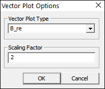 Στο View επιλέγουμε Vector Plot και εμφανίζεται η παρακάτω εικόνα που στον τύπο του διανύσματος που θέλουμε να σχεδιαστεί, επιλέγουμε την πραγματική συνιστώσα του μαγνητικού πεδίου Β: Vector Plot