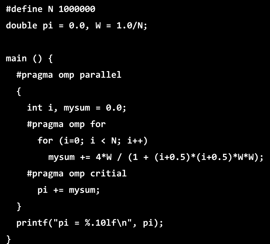 Υπολογιςμόσ του π (μζχρι τϊρα) #define N 1000000 double pi = 0.0, W = 1.0/N; main() int i; for (i = 0; i < N; i++) pi += 4*W / (1 + (i+0.5)*(i+0.5)*w*w); printf("pi = %.