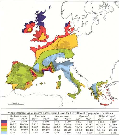 1.2.3 Χαρακτηριστικά του ανέµου στην Ευρώπη Όσον αφορά στην Ευρώπη, οι συνθήκες ανέµου ποικίλλουν από το παραθαλάσσιο κλίµα της Βόρειας Ευρώπης και των Βρετανικών νήσων στο ηπειρωτικό κλίµα της