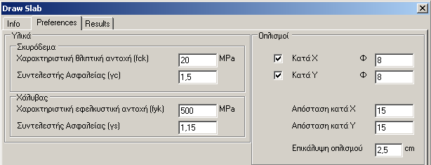 Preferences Υλικά Στο παράθυρο που εµφανίζεται, πρέπει να συµπληρωθούν τα παρακάτω δεδοµένα: Σκυρόδεµα : Ορίζετε τη χαρακτηριστική θλιπτική αντοχή f ck (σε MPa) του σκυροδέµατος και τον συντελεστή