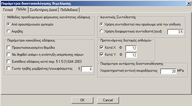 Πέδιλα Ο χρήστης συµπληρώνει την τιµή της επιτρεπόµενης τάσης εδάφους σ επ (σε kpa) στο σχετικό πεδίο. Η εξ ορισµού τιµή του προγράµµατος για την επιτρεπόµενη τάση εδάφους είναι 200 kpa.