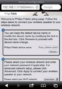 Αλλαγή ονόματος της συσκευής Ελληνικά Select Option Philips Fidelio device name 2 Επιλέξτε το δικό σας δίκτυο Wi-Fi από 1 Μετονομάστε το AD7050W στο πλαίσιο δίπλα στο Philips Fidelio device name