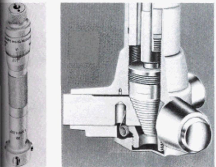 Μικρόμετρο τριών σημείων Περιγραφή Μικρομέτρου Ένα σπιράλ στη βάση μιας κωνικής επιφάνειας λειτουργεί ως έδραση για τους άξονες των τριών αυτοευθυγραμμιζόμενων μετρητικών σημείων.