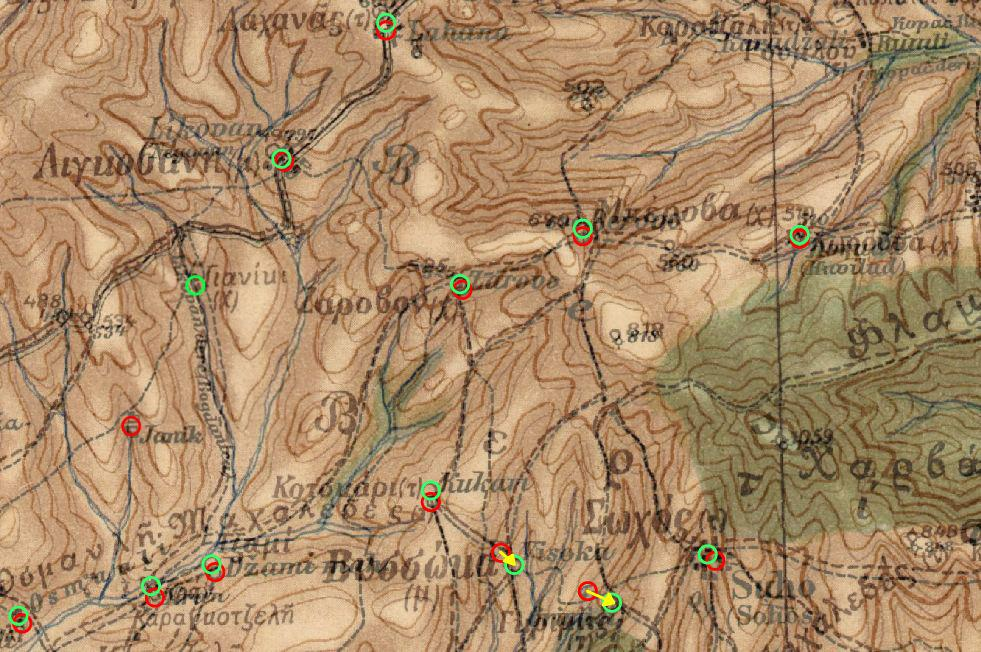 Κεφάλαιο: ΣΥΓΚΡΙΣΕΙΣ 200 m 100 m 190 m 50 m 430 m 600 m Εικόνα 48: Αποσπάσματα φύλλων Saloniki και Θεσσαλονίκης, όπου με κόκκινο και πράσινο χρώμα απεικονίζονται οι σημειακές θέσεις των οικισμών,