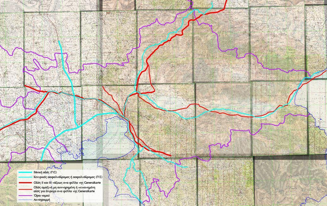 Κεφάλαιο: ΣΥΓΚΡΙΣΕΙΣ Για τη σύγκριση του οδικού δικτύου, έγινε ψηφιοποίηση αυτού σε επίπεδο νομού (Εικόνα 57) όπου με κόκκινο χρώμα δίνονται οι κατηγορίες οδικού δικτύου των χαρτών της Generalkarte