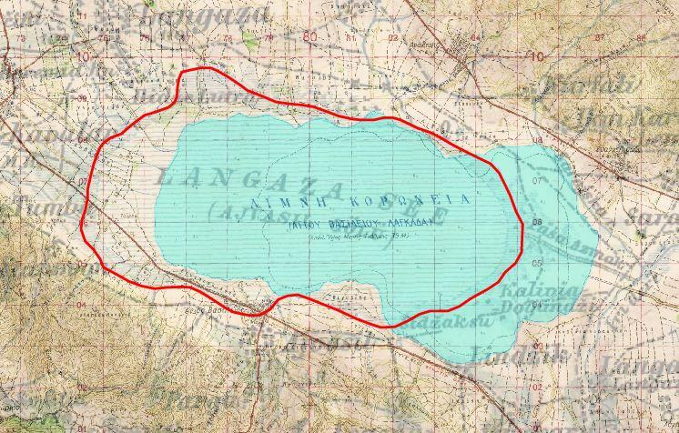 Κεφάλαιο: ΣΥΓΚΡΙΣΕΙΣ Εικόνα 61: Η απόδοση της λίμνης Λαγκαδά, με κόκκινο χρώμα στο φύλλο Saloniki και με γαλάζιο στο φύλλο της ΓΥΣ κλίμακας 1:50.000. 4.