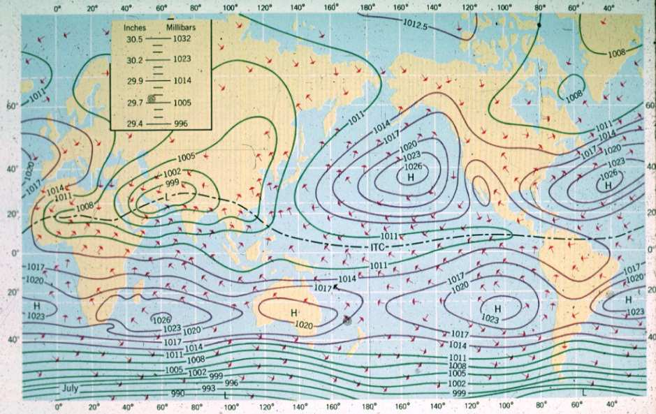 3. Horizontalna raspodjela vazdušnog pritiska Ako na geografsku kartu nanesemo vrijednosti pritiska izmjerene u nekom određenom terminu, dobićemo prikaz raspodjele vazdušnog pritiska na Zemljinoj