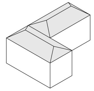 Στα σχήματα 1 και 2 παρουσιάζεται η κάλυψη των κτιριακών όγκων με τρίριχτη στέγη σε περίπτωση εφαπτομενικής τοποθέτησης με γεωμορφολογικό σχηματισμό ή με υφιστάμενο κτίριο μεγαλύτερου ύψους