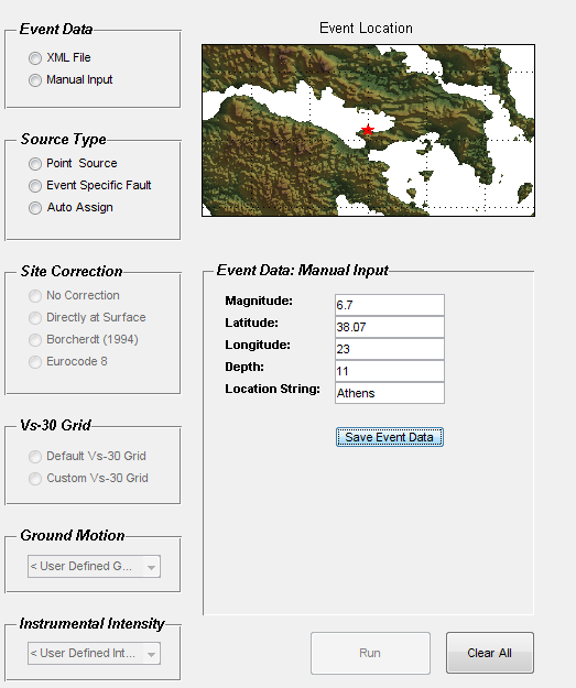 3.2.1 Event Data Σε αυτό το πεδίο εισάγουμε το μέγεθος του σεισμού (Magnitude) σε μονάδες Richter, το γεωγραφικό πλάτος ((Latitude) και γεωγραφικό μήκος (Longitude) του σεισμού, το εστιακό βάθος του