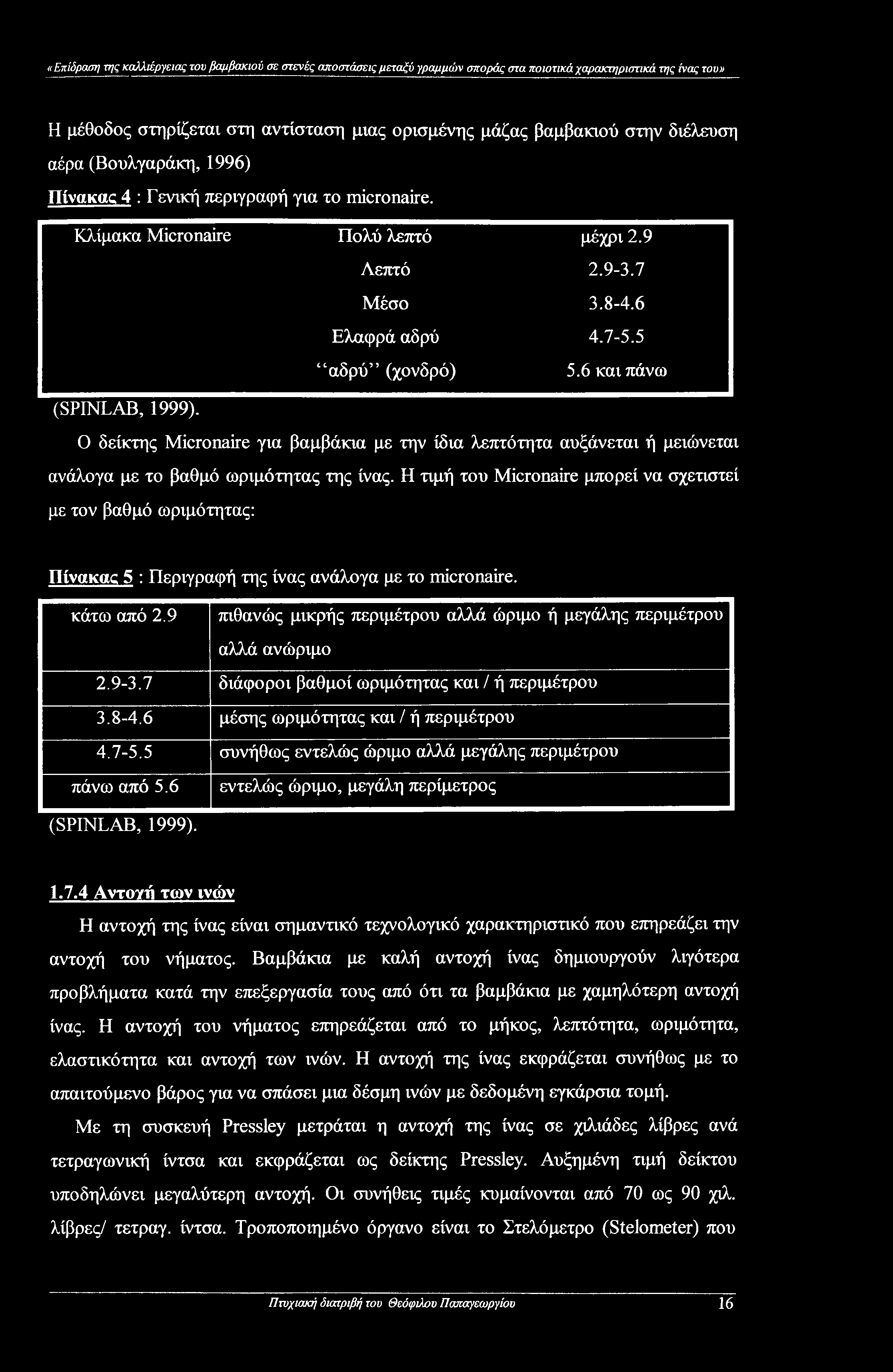 6 και πάνω (SPINLAB, 1999). Ο δείκτης Micronaire για βαμβάκια με την ίδια λεπτότητα αυξάνεται ή μειώνεται ανάλογα με το βαθμό ωριμότητας της ίνας.