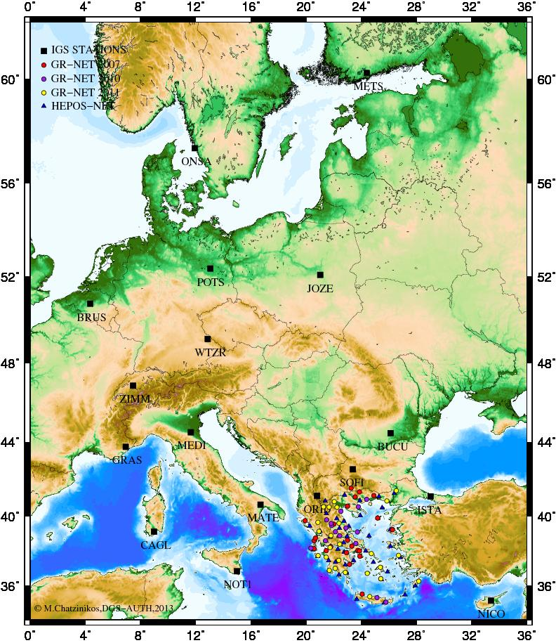 Δίκτυο μελέτης των μετακινήσεων του ελληνικού γήινου φλοιού 125 μόνιμοι σταθμοί GPS: 17 σταθμοί IGS/EPN 108 σταθμοί στην Ελλάδα Δίκτυα: EPN LEICA SMARTNET-GREECE (ΜΕΤRΙCΑ S.