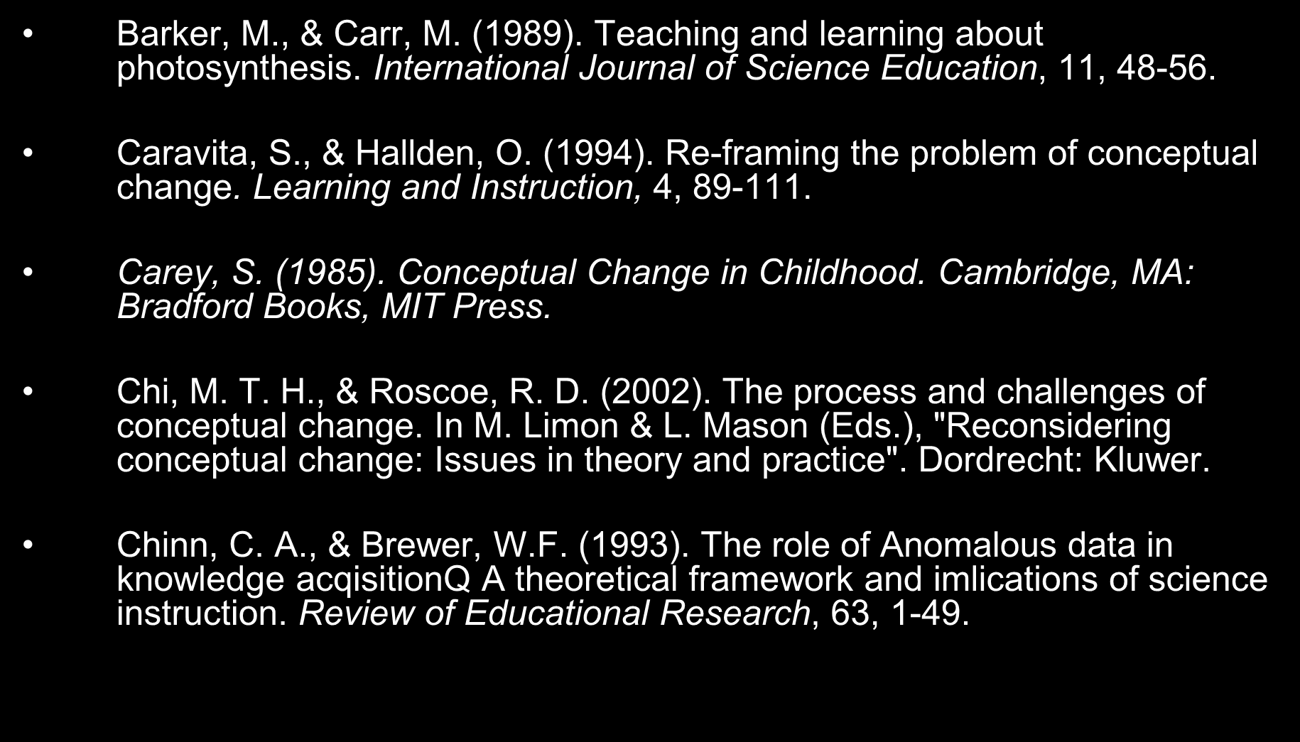 Βιβλιογραφία Barker, M., & Carr, M. (1989). Teaching and learning about photosynthesis. International Journal of Science Education, 11, 48-56. Caravita, S., & Hallden, O. (1994).