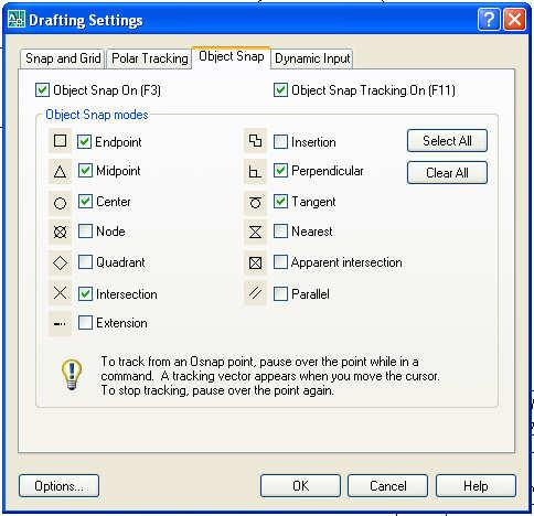 f.(ρυθμίσεις και ενεργοποίηση γραφικού βοηθήματος) Tools Drafting Settings Object Snap (ενεργοποιείστε κάνοντας αριστερό κλικ στα checkboxes, αφήνοντας τα υπόλοιπα κενά) Object