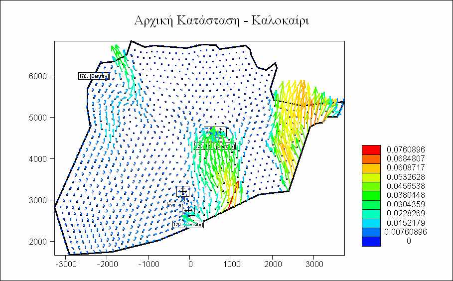 Σχήµα 4.8. Υδραυλικό ύψος (m). Προσοµοίωση αρχικής κατάστασης µετά το τέλος της χειµερινής περιόδου του τρίτου έτους της προσοµοίωσης Σχήµα 4.9.