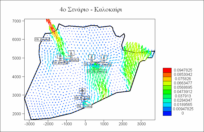 Σχήµα 4.20. Υδραυλικό ύψος (m). Πρόβλεψη µελλοντικής κατάστασης µετά το τέλος της θερινής περιόδου του τρίτου έτους της προσοµοίωσης για το τέταρτο σενάριο Σχήµα 4.21.