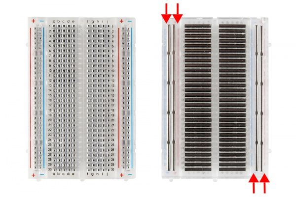 Πλακέτα συνδέσεων Breadboard οι οριζόντιες γραμμές +