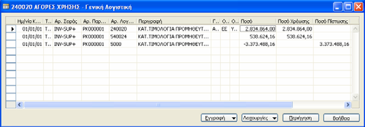 εγγραφή προμηθευτών βάσει της οποίας υπολογίζεται το ανοικτό υπόλοιπο και (6) 7 εγγραφές (ποσοτικές και αξιακές) στο υποσύστημα αποθηκών (όσες και οι αναλυτικές γραμμές του