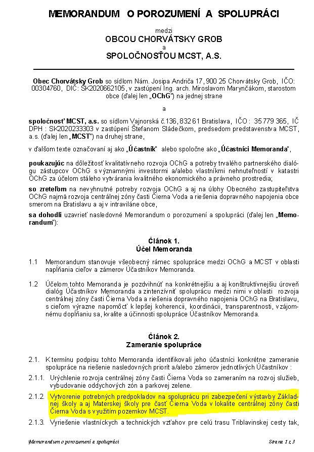 MENORANDUM o porozumení a spolupráci podpísané dňa 26.7.2011 medzi Obcou Chorvátsky Grob a spol. MCST a.