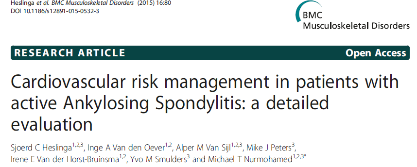 Eular CV-RM guideline considers AS to be an important CV risk factor SpA pts are at a greater CV risk owing to a higher atherogenic index Joint Bone Spine. 2014 Jan;81(1):57-63. doi:10.1016/j.jbspin.