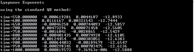 118 Παρατηρούµε ότι οι εκθέτες Lyapunov είναι λ 1 =0.090434, λ 2 =0.00303656 και λ 3 =- 9.83441. Επίσης, τρέξαµε και την επαναληπτική QR µέθοδο, και µας έδωσε πιο συγκεκριµένα αποτελέσµατα λ 1 =0.