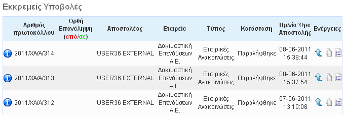 Με τθν επιλογι μίασ υπθρεςίασ εμφανίηεται, ςτο δεξιό τμιμα τθσ οκόνθσ, πίνακασ με τισ υποβολζσ που ζχει ιδθ πραγματοποιιςει ο χριςτθσ ςτθν υπθρεςία αυτι.