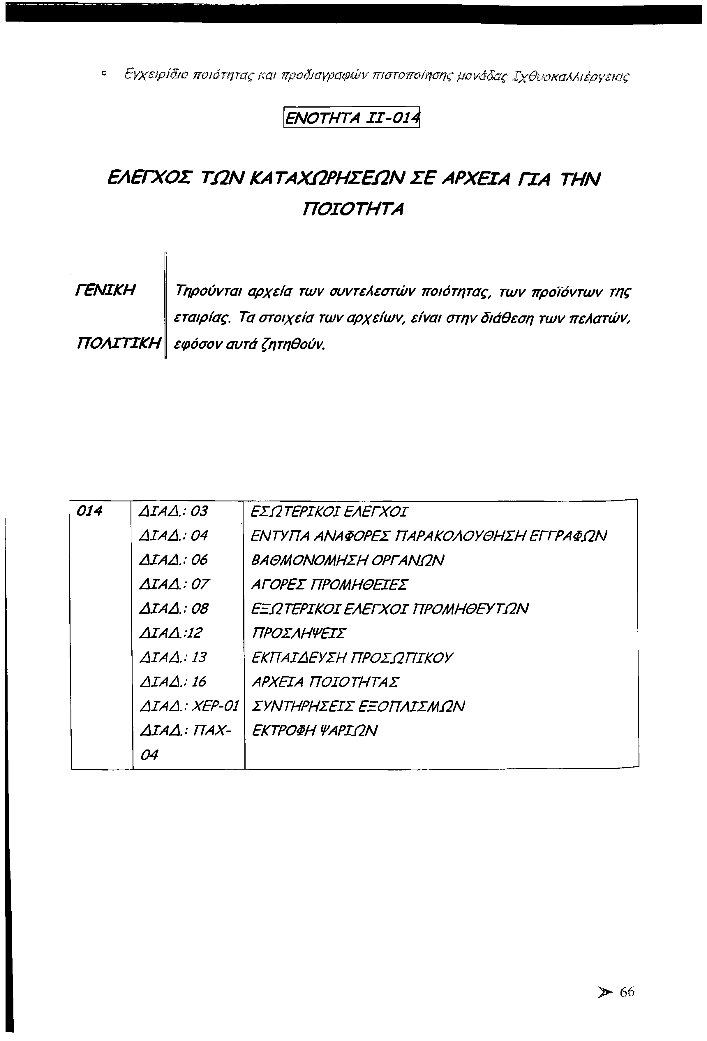 Ε Εγχειρίδιο ποιότητας και προδιαγραφών πιστοποίησης μονάδας Ιχθυοκαλλιέργειας Ε Ν Ο Τ Η Τ Α 1 1-01 4 Ε Λ Ε Γ Χ Ο Σ Τ Ω Ν Κ Α Τ Α Χ Ω Ρ Η Σ Ε Ω Ν Σ Ε Α ΡΧ ΕΙΑ Π Α Τ Η Ν Π Ο ΙΟ Τ Η ΤΑ Γ Ε Ν ΙΚ Η