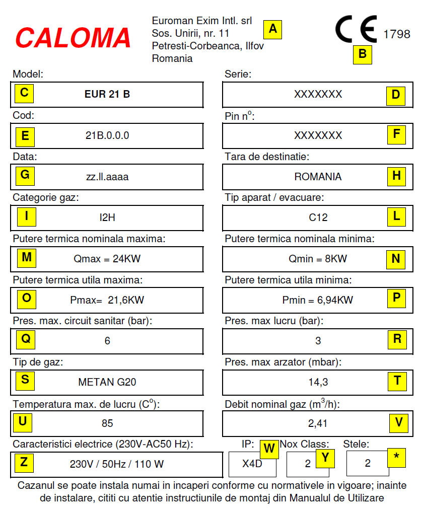 INFORMATII GENERALE PLACA DE IDENTIFICARE LEGENDA A- nume si adresa producator / responsabil de produs B- cod identificare omologare CE C- model aparat D- serie de fabricatie E- cod produs F- numar