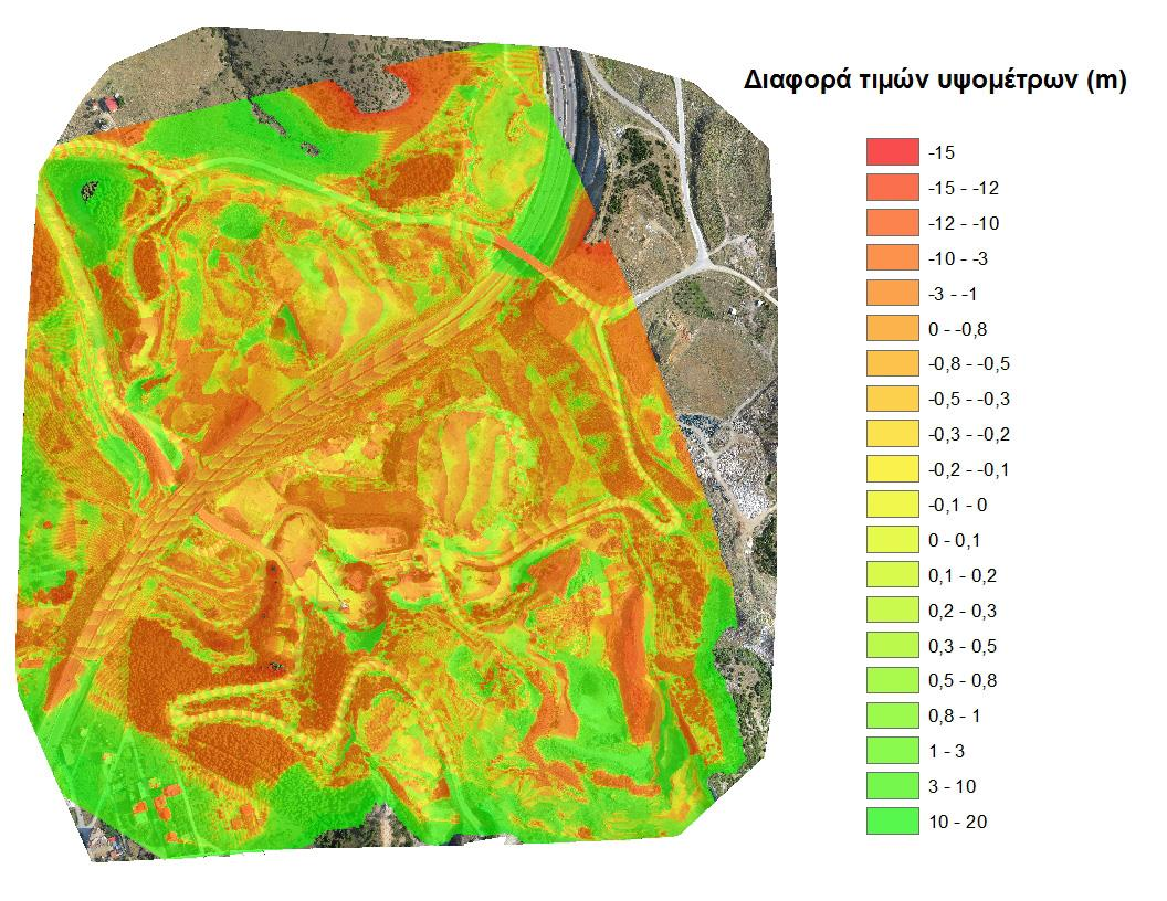 Εικόνα 42. Υψομετρικές αποκλίσεις μεταξύ των δύο μοντέλων εδάφους Παρατηρείται πως οι διαφορές στα δύο μοντέλα είναι στο μεγαλύτερο ποσοστό τους μικρότερες από 20cm.